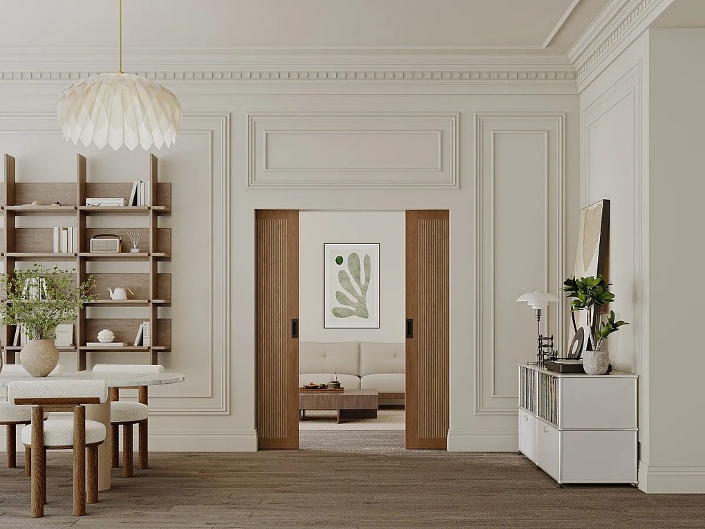 Drzwi przesuwne podwójne chowane w ścianie z MDF i drewna naturalny ciemny - 2 x wys. 205 x szer. 73 cm - SANDORA