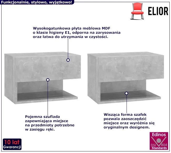 Zestaw szarych wiszących szafek nocnych - Entrex