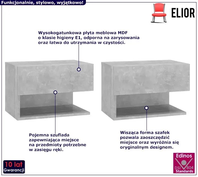 Zestaw szarych wiszących szafek nocnych - Nidan