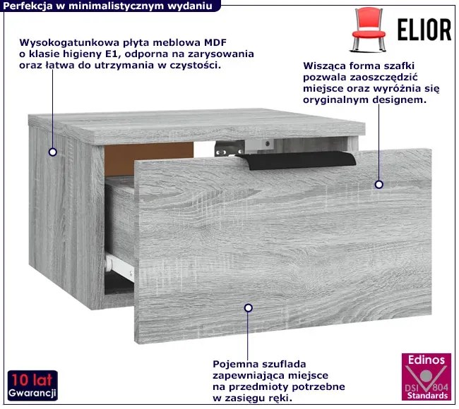 Minimalistyczna wisząca szafka nocna szary dąb sonoma - Zemsi