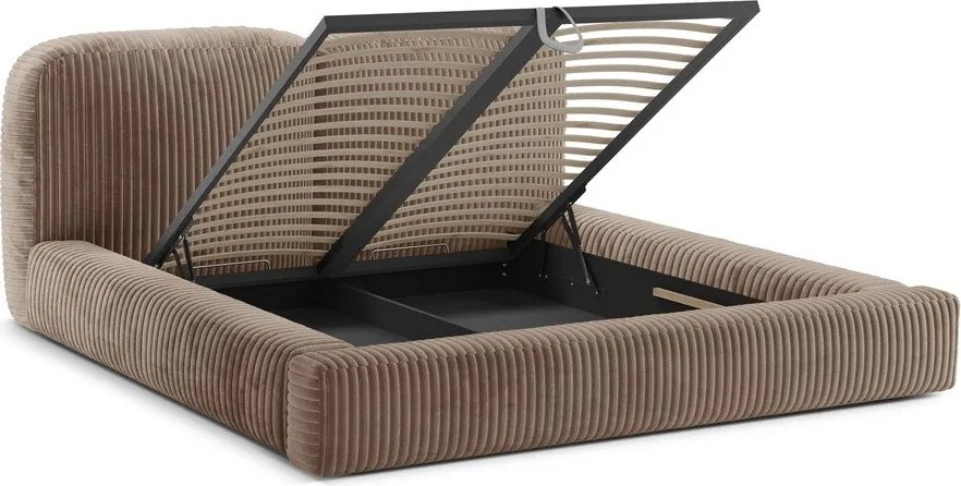 Brązowe tapicerowane łóżko dwuosobowe ze schowkiem ze stelażem 200x200 cm Martina – Micadoni