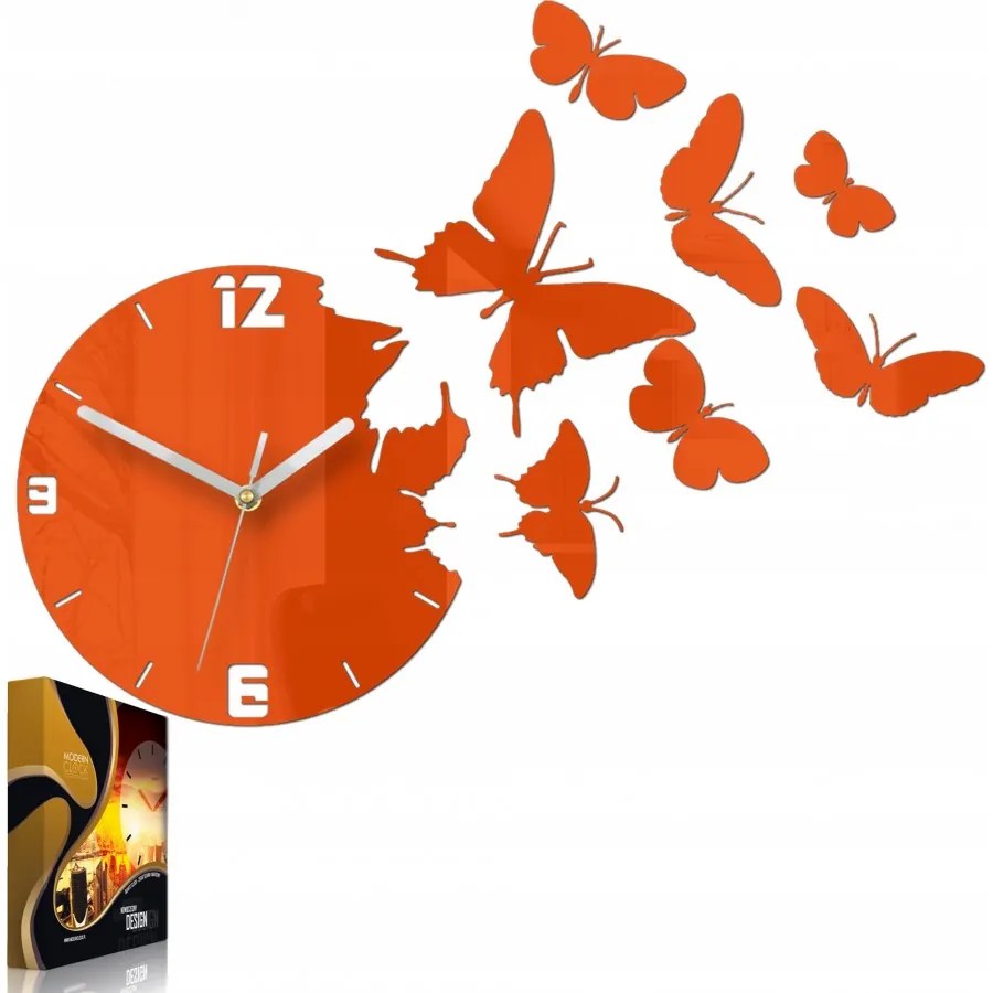 Zegar ścienny nowoczesny do salonu sypialni akrylowy pomarańcz z motylami