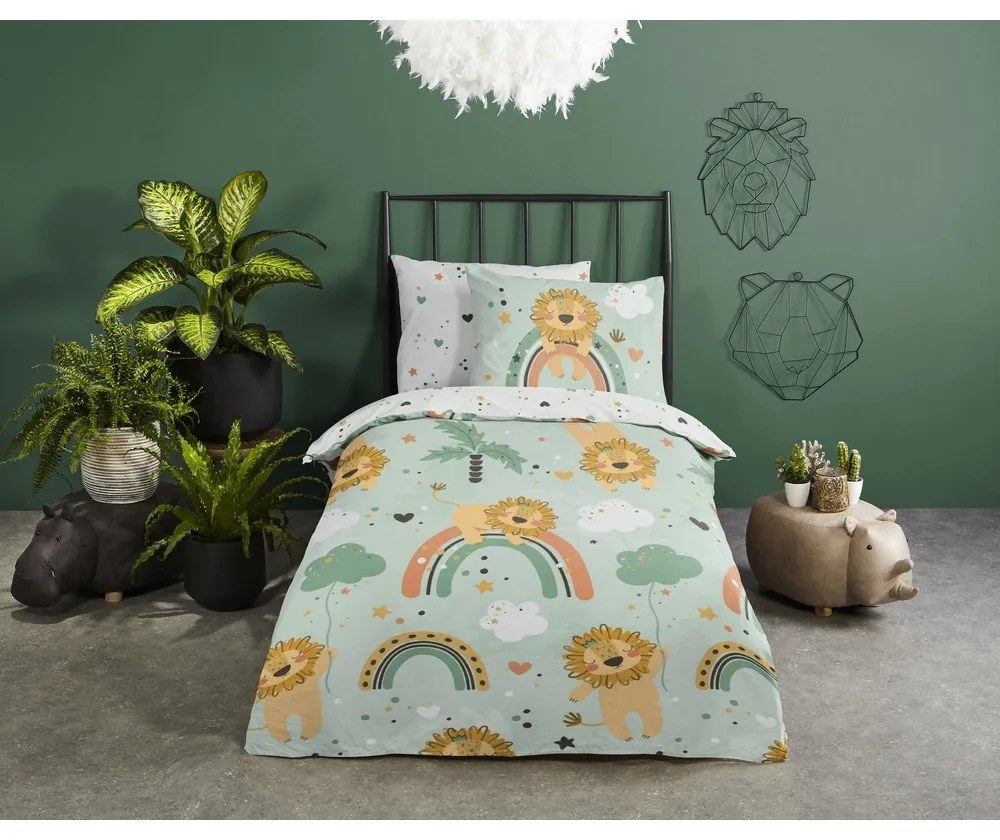Zielona bawełniana pościel dziecięca jednoosobowa 140x220 cm Lions – Good Morning