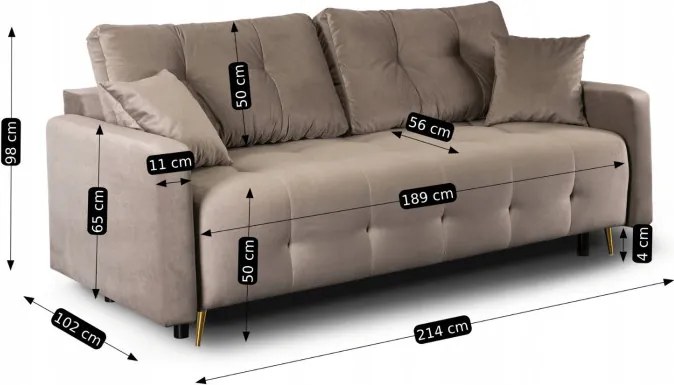 Sofa z Funkcją Spania SEUL Rozkładana Dwuosobowa Welurowa Beżowa Nowoczesna do Salonu