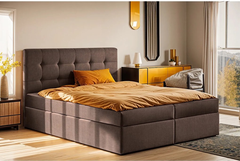 Łóżko kontynentalne z materacem i pojemnikiem LUDANO, tkanina Noel, Brązowy, 140x200 cm, H2-Pocket