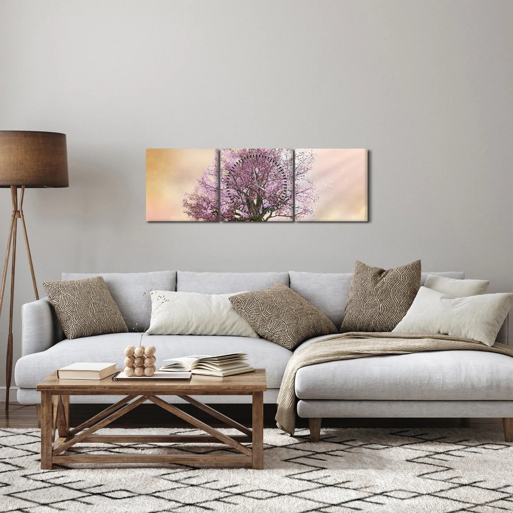 Obraz kwitnącego drzewa na szczycie wzgórza (z zegarem) (90x30 cm)