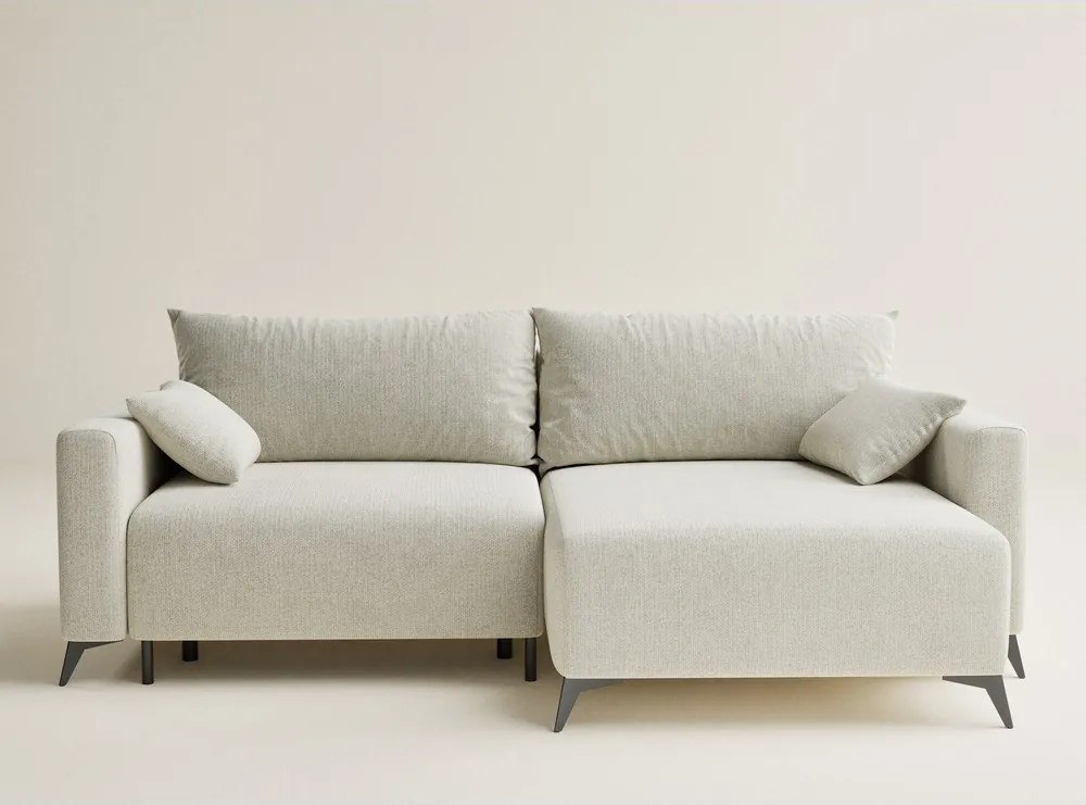 Kremowy rozkładany narożnik ze schowkiem z tkaniny szenilowej (prawostronny/z szezlongiem) Leon – Maison de Rêve