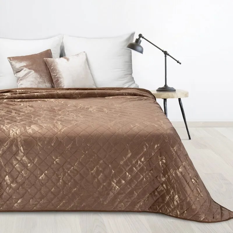 Narzuta na łóżko welwetowa marmurek elegancka 220x240 jasnobrązowa