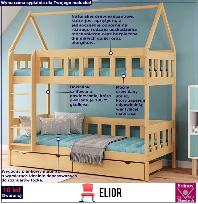 Drewniane łóżko piętrowe domek do pokoju dziecięcego, sosna D4-B96