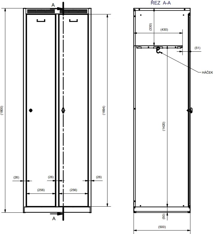 Metalowa szafka ubraniowa S7, 2-drzwiowa, 1800 x 600 x 500 mm, demontaż, zamek cylindryczny, drzwi szare