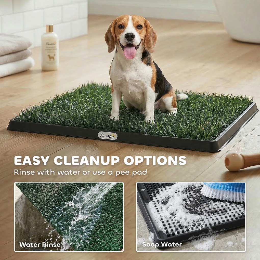 PawHut Toaleta dla psów 76 x 50,5 cm z 2 sztucznymi trawami, przenośna toaleta dla psów na balkon lub do domu, czarno-zielona | Aosom PL