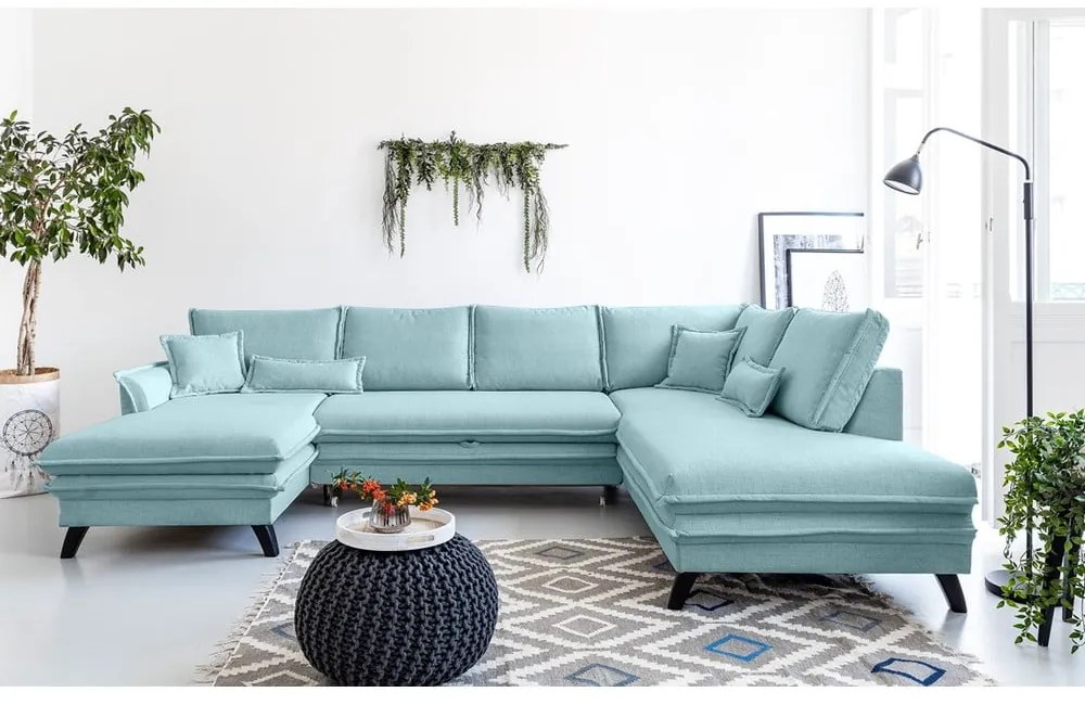 Jasnoniebieska rozkładana sofa w kształcie litery "U" Miuform Charming Charlie, prawostronna