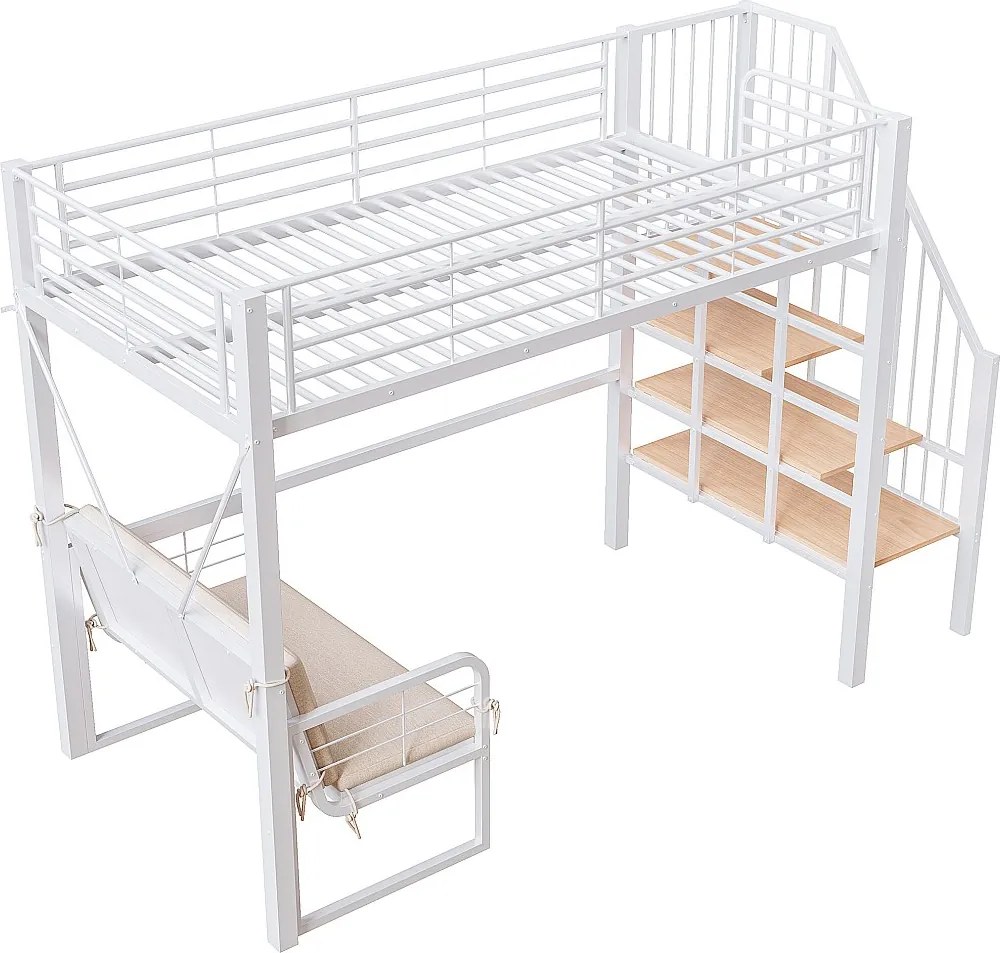 Łóżko piętrowe dla dzieci - 90 x 200 cm - z wyjmowaną sofą + drabinka ze schowkiem - rama metalowa - białe