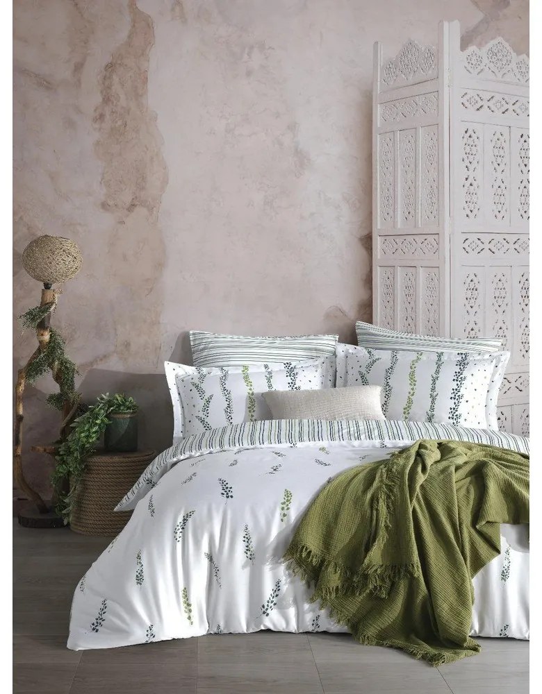 Biała/zielona pościel jednoosobowa z satyny bawełnianej 140x200 cm Marseille Floral – Mila Home Luxury