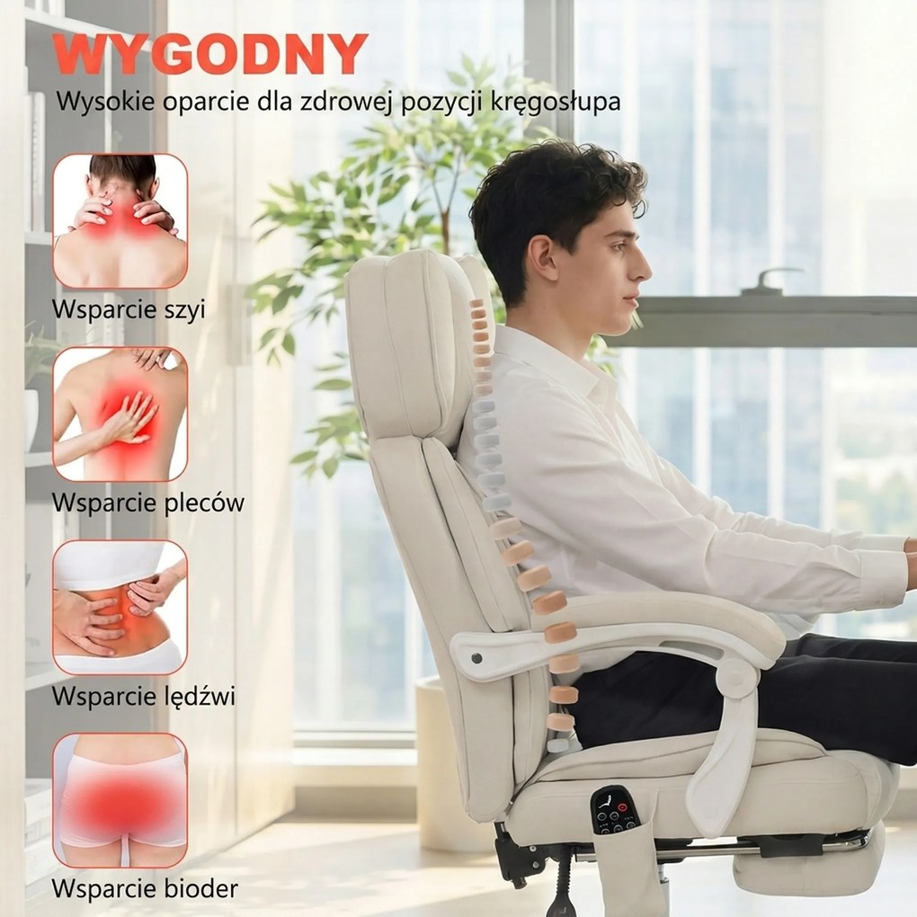 HOMCOM Wysokie krzesło biurowe z masażem wibracyjnym i podgrzewaniem, ergonomiczne, regulowane, z podnóżkiem, kremowobiały | Aosom PL