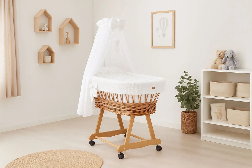 Biały komplet łóżeczko kosz z baldachimem K0-B01