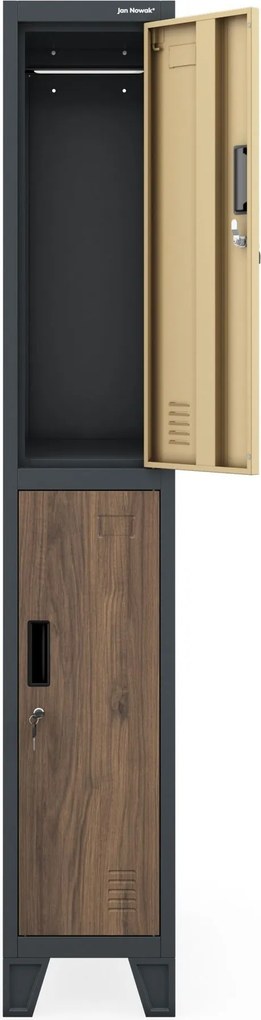 Szafka ubraniowa metalowa pracownicza głęboka 2-drzwiowa antracyt/orzech, 292x1720x600 mm: BARTEK 1 Plus D600 Eco Design