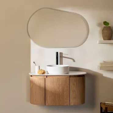 Zestaw Wiszących Mebli Łazienkowych Z Drewna Carsone Naturalna & Bez Jednostki Pomocniczej & Okrągły Ceramiczny Biały Ø40 - Sklum