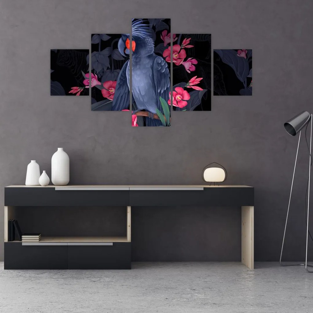 Obraz - Papuga wśród kwiatów (125x70 cm)