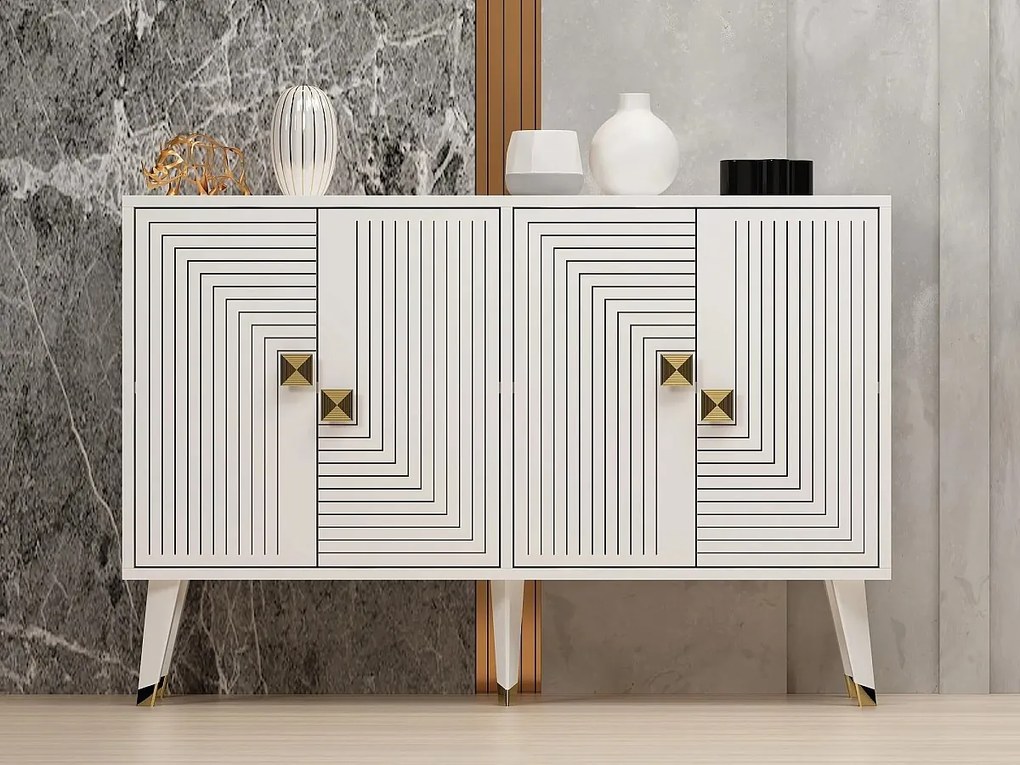 Komoda – 120 x 30 x 80 cm – Biało-złota – Płyta wiórowa