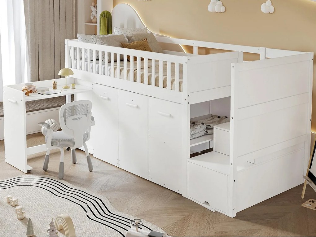 Drewniane łóżko na antresoli 90x200 cm - ze zdejmowanym biurkiem/szafą/szafami i schodami do przechowywania - Białe