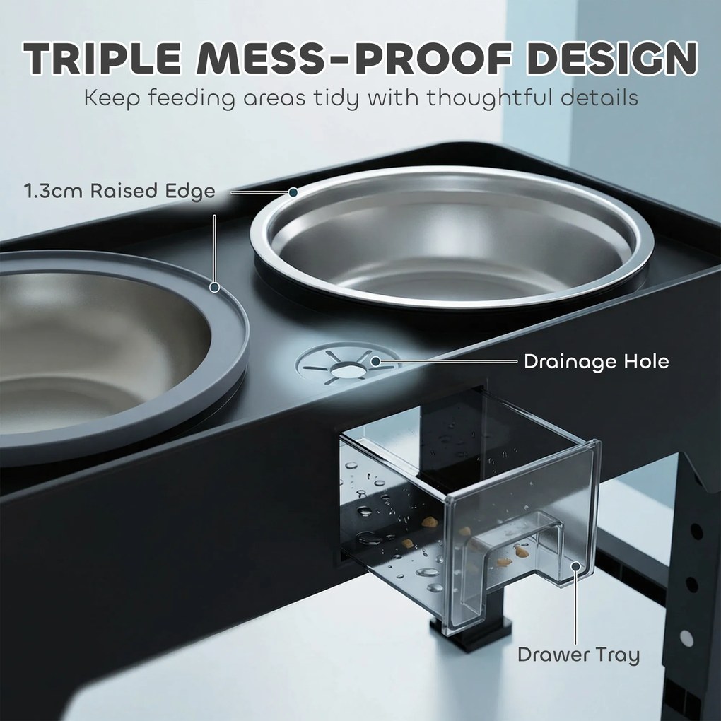 PawHut Podwyższona Miska dla Psa Regulowana Miska z 2 Miskami dla Małych i Dużych Psów Czarna | Aosom PL