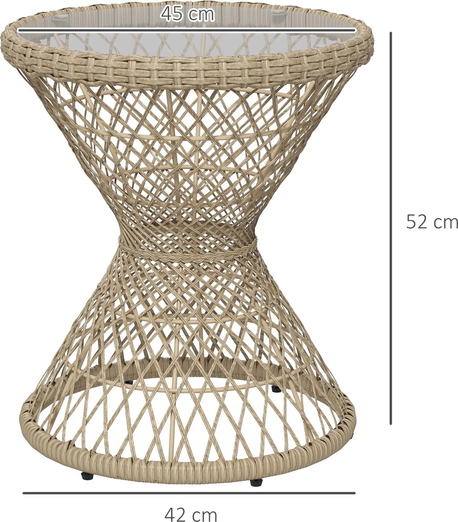 Outsunny Stolik kawowy Stolik boczny w stylu boho, blat ze szkła, polirotan, 45 cm x 45 cm x 52 cm, Naturalny