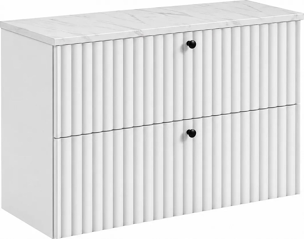 Szafka łazienkowa wisząca z blatem 80, biały + blat z efektem marmuru Bianco, uchwyty w trzech kolorach, 80 x 44,4 x 58,6 cm