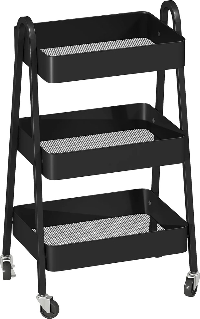 HOMCOM Wózek Serwisowy z 3 Poziomami na Kółkach z Uchwytem i Hamulcem dla Kuchni Biura Łazienki, Czarny