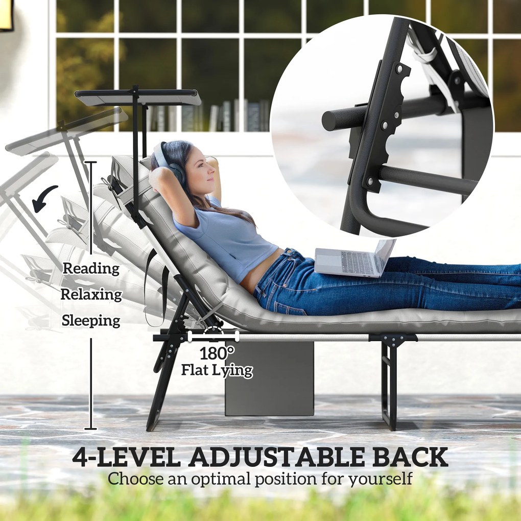 Outsunny Składany leżak ogrodowy z daszkiem, materacem, regulowanym oparciem w 4 pozycjach, Jasnoszary