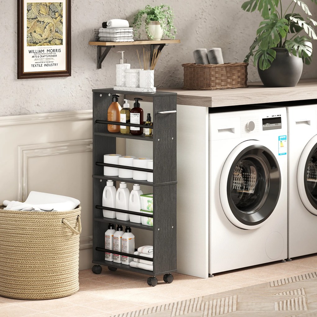 HOMCOM Półka wielofunkcyjna na kółkach, smukły design, 4 przegrody, 45x15x91 cm, czarny | Aosom PL