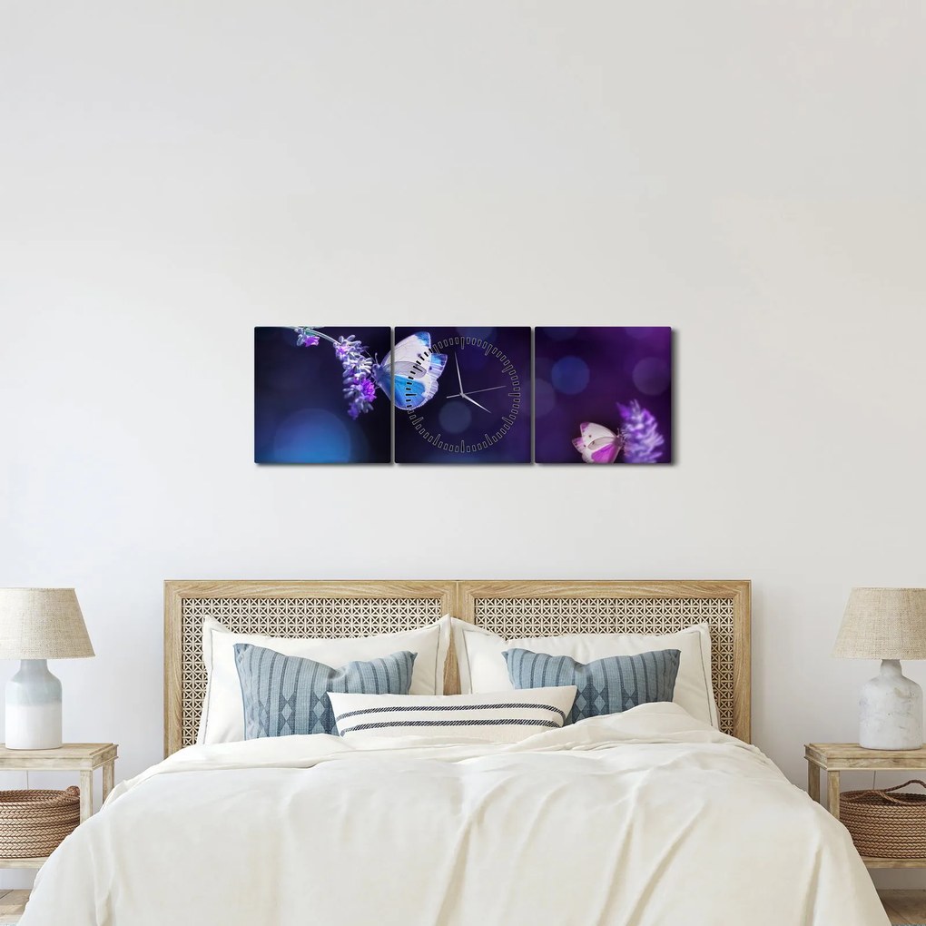 Obraz - Motyle na lawendie (z zegarem) (90x30 cm)