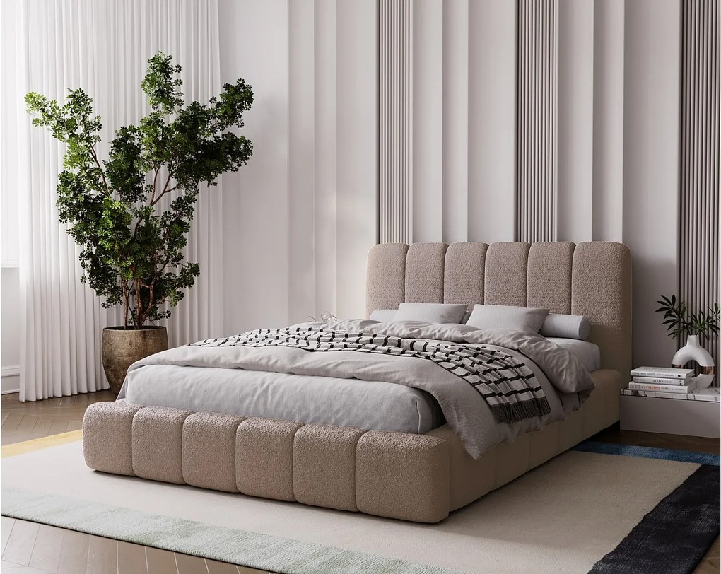 Emporius Milan łóżko tapicerowane 160x200 - pufiaste łóżko do sypialni, łóżko z pojemnikiem i stelażem - tkanina boucle, brązowy (Anthology 5)