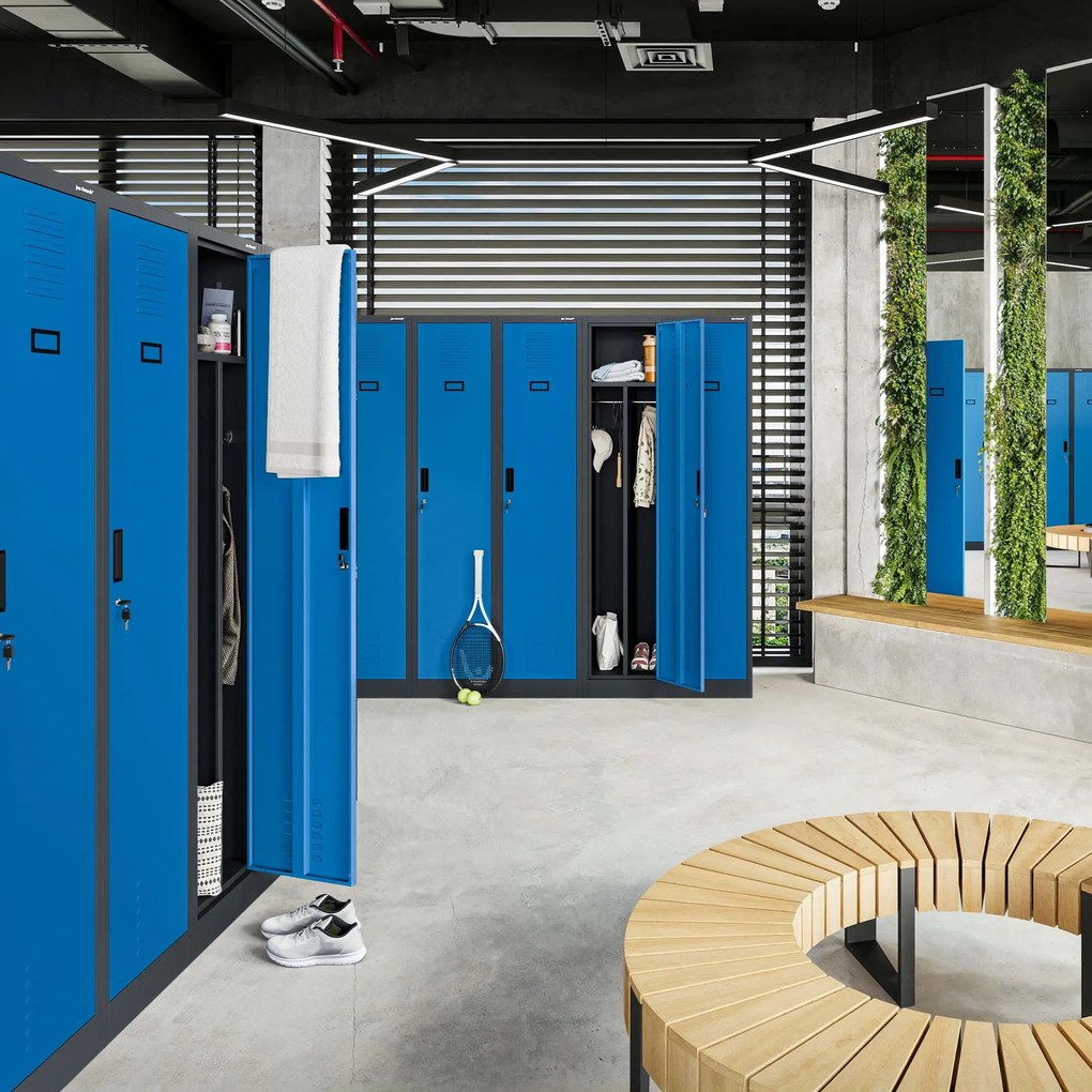 Szafka ubraniowa BHP antracytowo-niebieska: czterokomorowa KACPER, 800 x 1800 x 500 mm