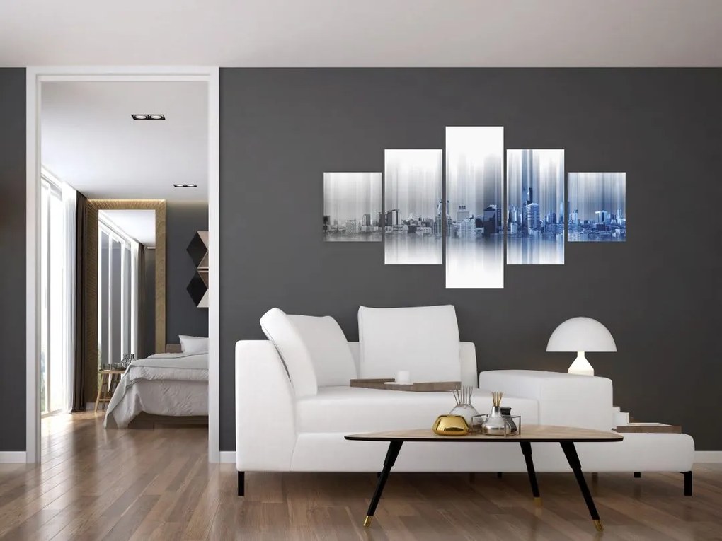 Obraz - Panorama miasta, niebiesko - szara (125x70 cm)