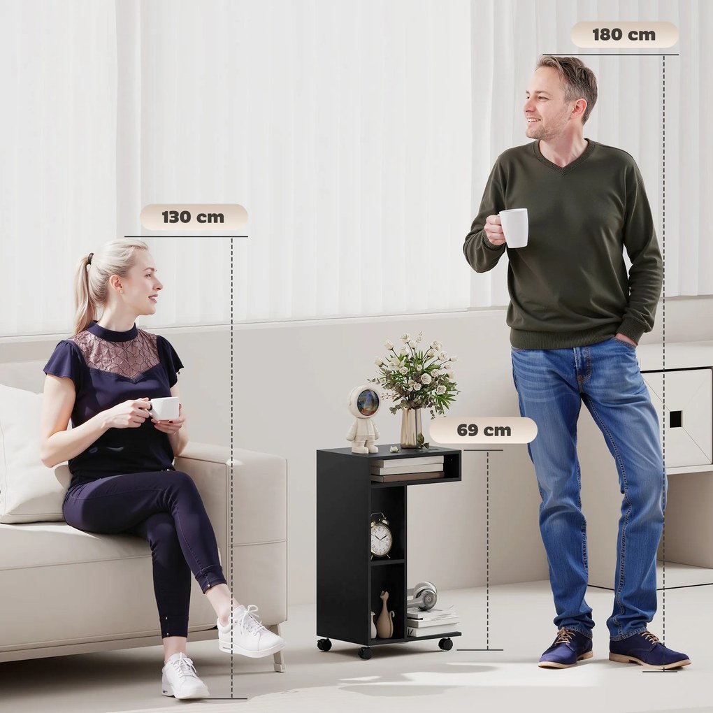 HOMCOM Stolik boczny, wózek serwisowy w kształcie C, 4 kółka, 3 przegródki, 40 x 30 x 69 cm, czarny