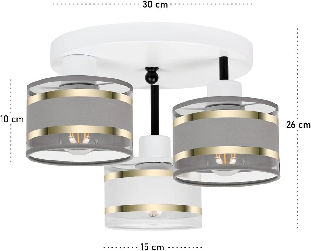 Lampa sufitowa biała trzypunktowa z szaro-białymi abażurami T-3030WE-G