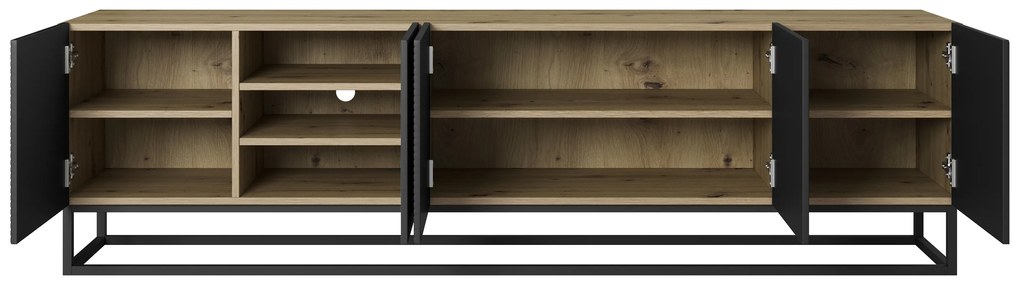 Szafka RTV Asha 200 cm z ryflowanym frontem i metalowym, czarnym stelażem - artisan / czarny mat