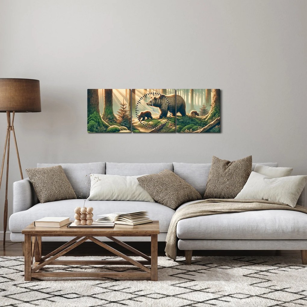 Obraz - Niedźwiedzie w lesie (z zegarem) (90x30 cm)
