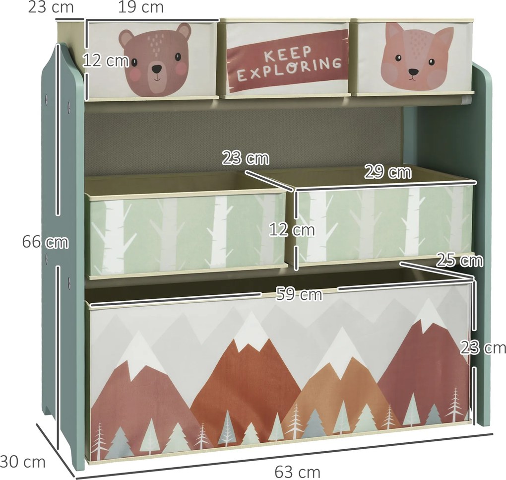 ZONEKIZ Regał Dziecięcy z 6 Szkatułkami z Tkaniny, Uroczy Motyw, 63x30x66 cm, Zielony