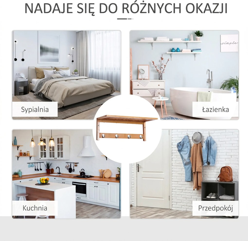 HOMCOM Wieszak ścienny z haczykami, montaż ścienny oszczędzający miejsce, nośność 5 kg, 50 x 16 x 17,5 cm drewno naturalne