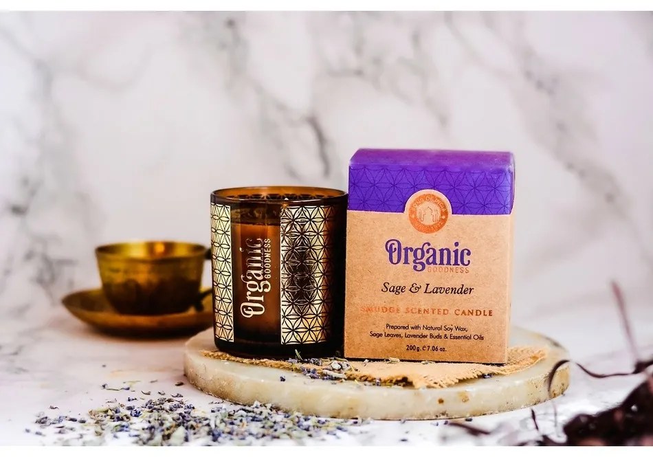 Organiczna świeca kadzidlana Sage &amp; Lavender200 g w szklanym pojemniku ze złotą folią