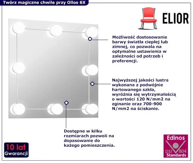 Kwadratowe ścienne lustro z oświetleniem LED 60x60 cm - Ollos 6X