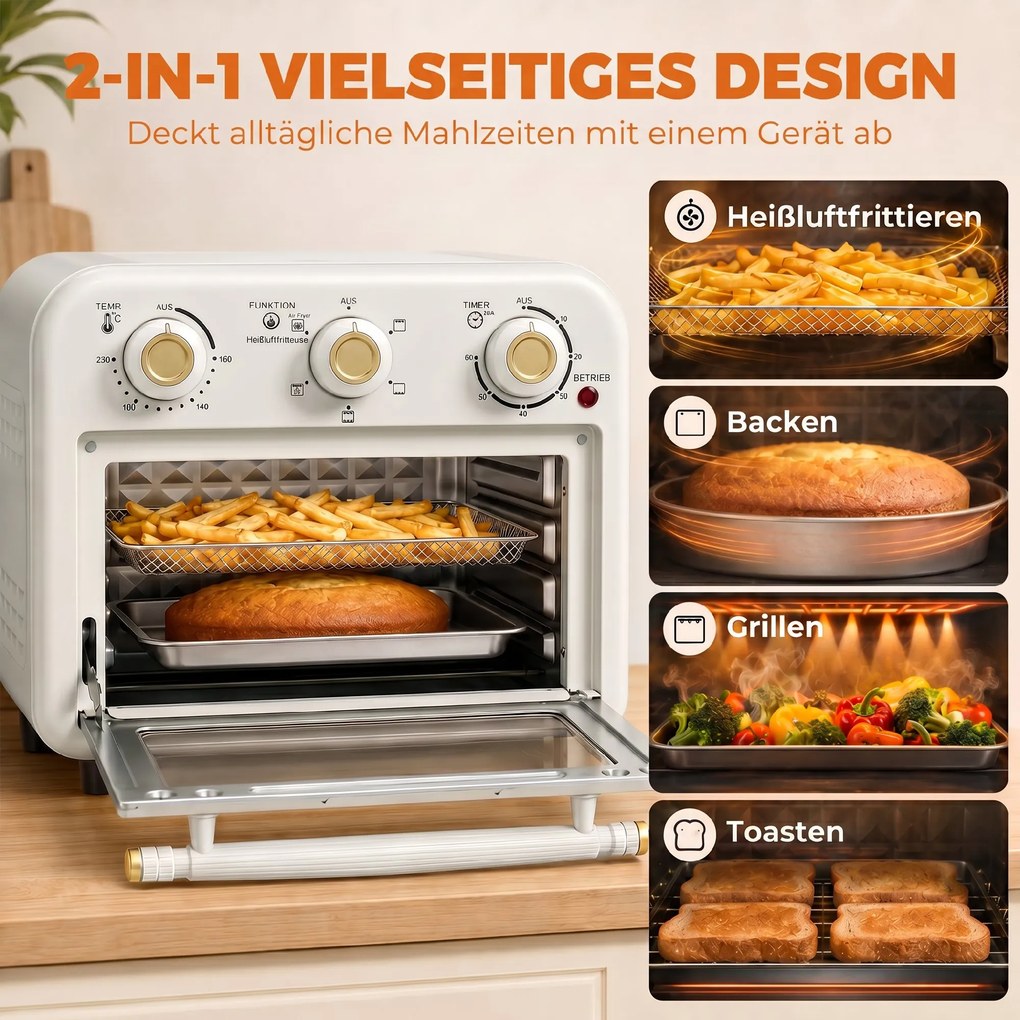 HOMCOM Frytkownica na gorące powietrze 12 l Mini piekarnik z termoobiegiem, 5 programów, blacha i kosz, 1200 W, nadaje się do zmywarki | Aosom PL