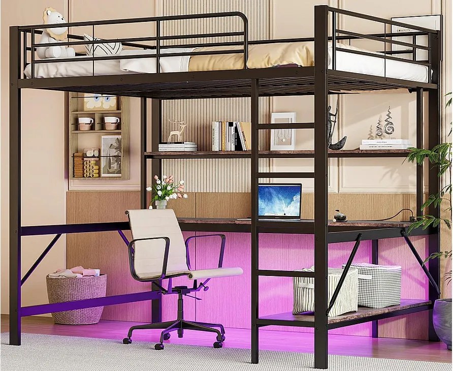 Łóżko mezzanine 140x200 cm - z barierkami - z drabiną - z USB i gniazdkami - z oświetleniem LED - z biurkiem + półkami wielopoziomowymi - czarne (bez materaca)