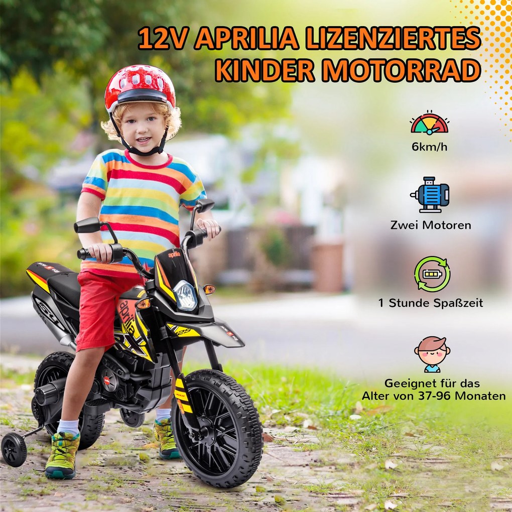 AIYAPLAY 12V Motocykl elektryczny dla dzieci z kółkami treningowymi, światłami LED, muzyką, USB, dla chłopców i dziewczynek, Żółty