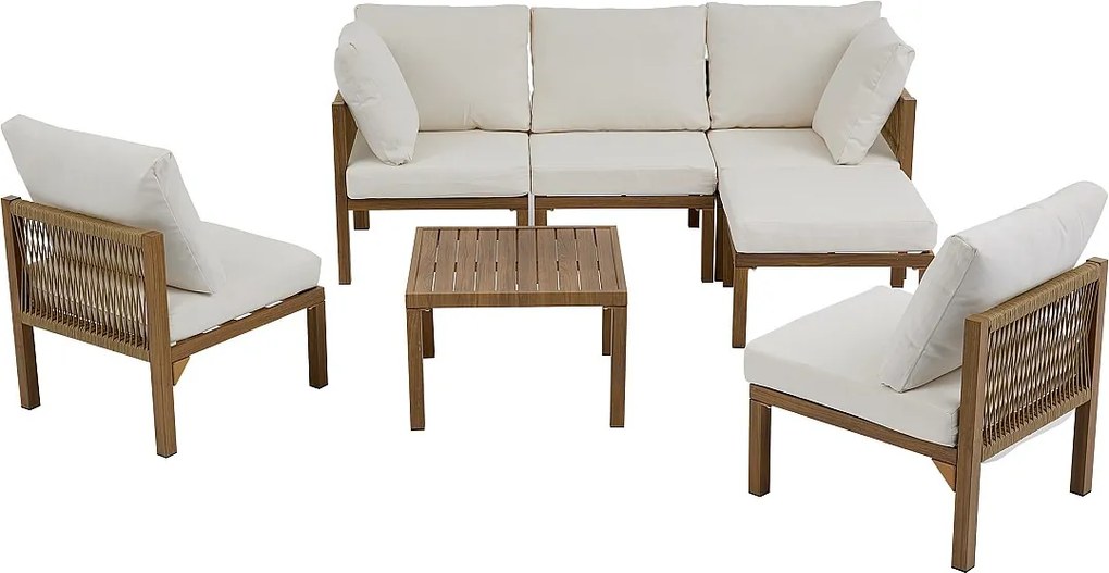 Zestaw mebli ogrodowych - Narożnik (możliwość przekształcenia w sofę) i stolik kawowy - Beżowy i odcienie drewna