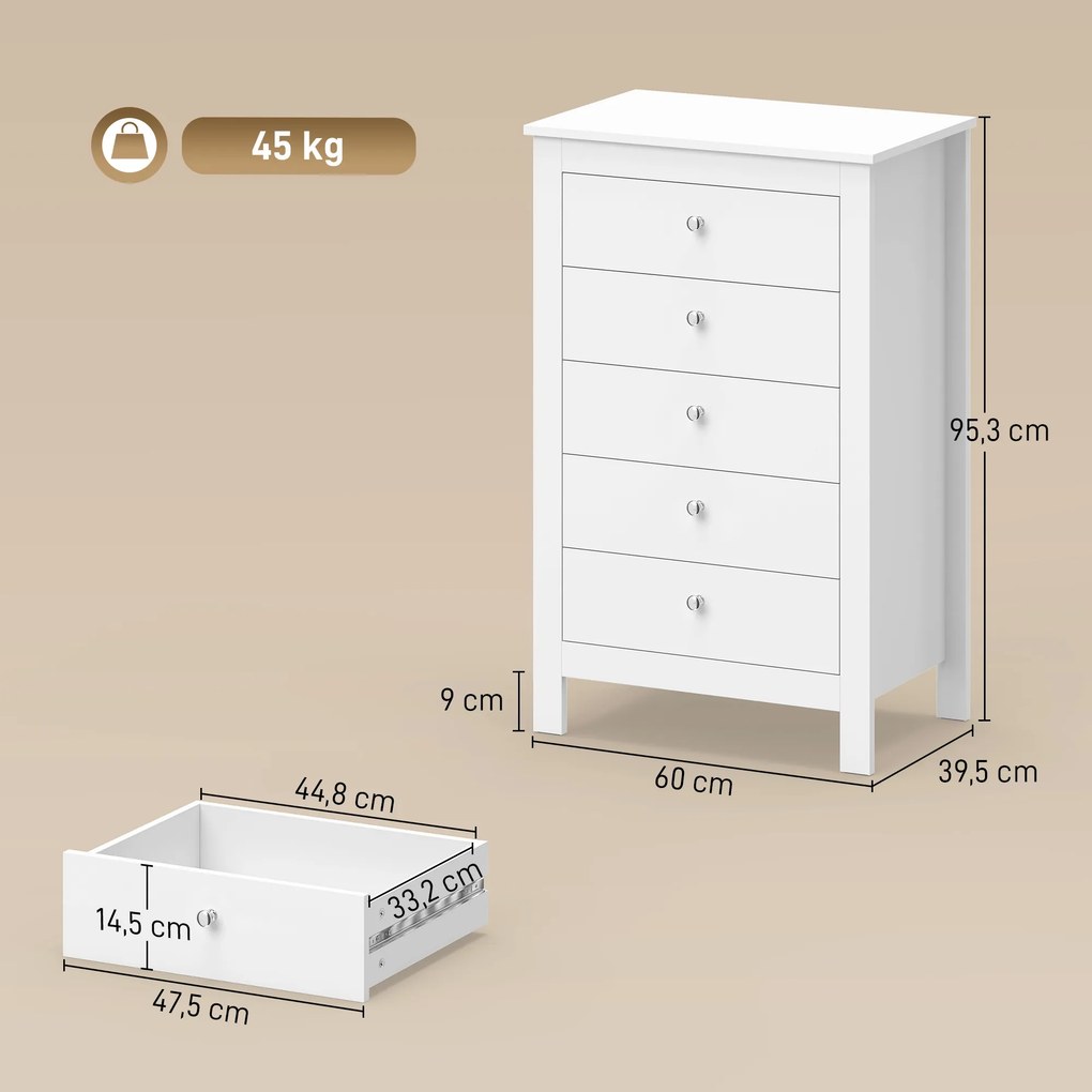 HOMCOM Komoda z 5 szufladami, mebel z łatwo wysuwającymi się prowadnicami do sypialni, 60 x 39,5 x 95,3 cm, Biały | Aosom PL