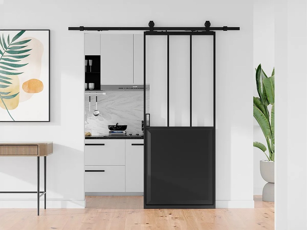 Drzwi przesuwne industrialne naścienne - Czarny i szkło hartowane - wys. 205 cm x szer. 93 cm - ARTISTO II