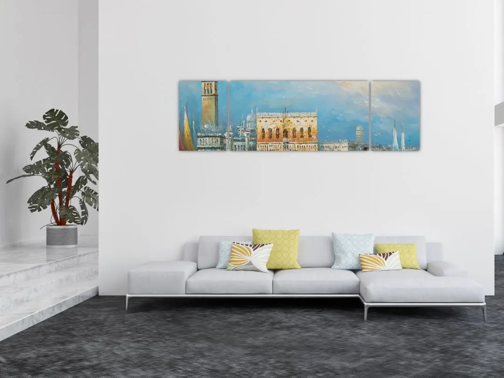 Obraz - Gondola przejeżdżająca przez Wenecję, obraz olejny (170x50 cm)